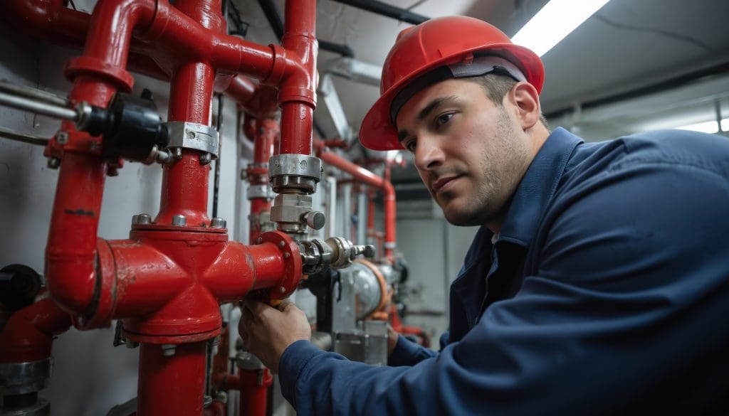 Plumber in red hard hat works on red pipes, part of fire suppression system in commercial building. Technician checks valves and gauges for proper pressure setting and adjustment.