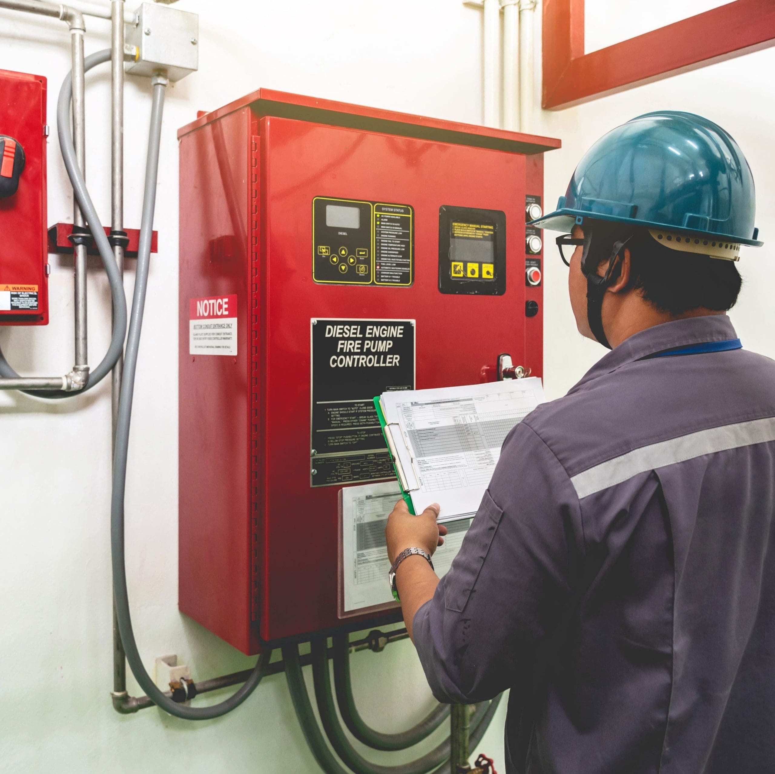 Engineer checking industrial generator fire control system, Diesel engine fire pump controller