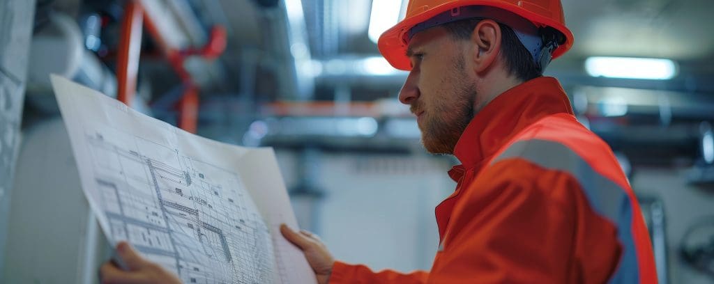 Professional safety engineer planning secure installations with fire alarm system blueprint