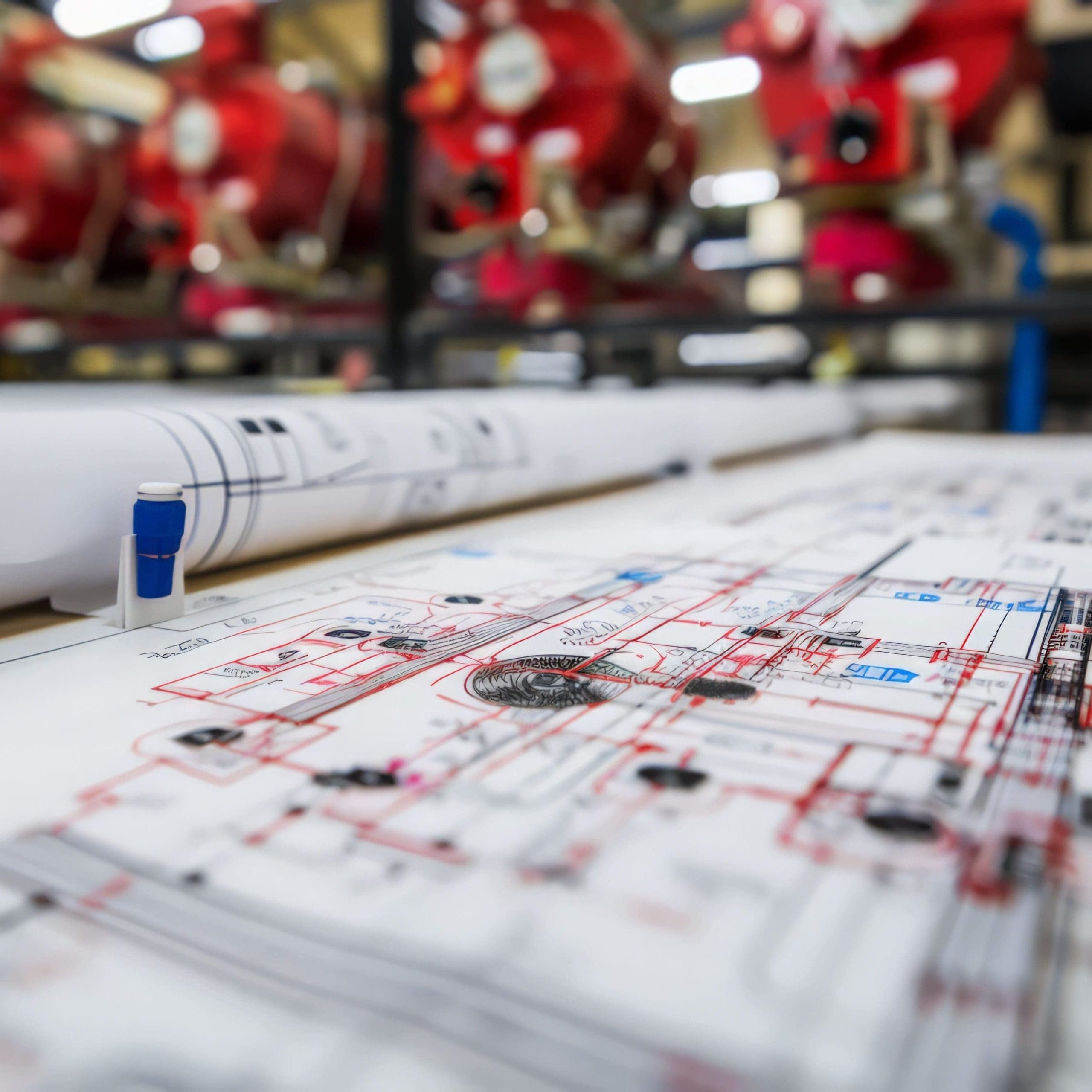 Blueprints with fire protection plans outline fire alarm locations, sprinkler systems,