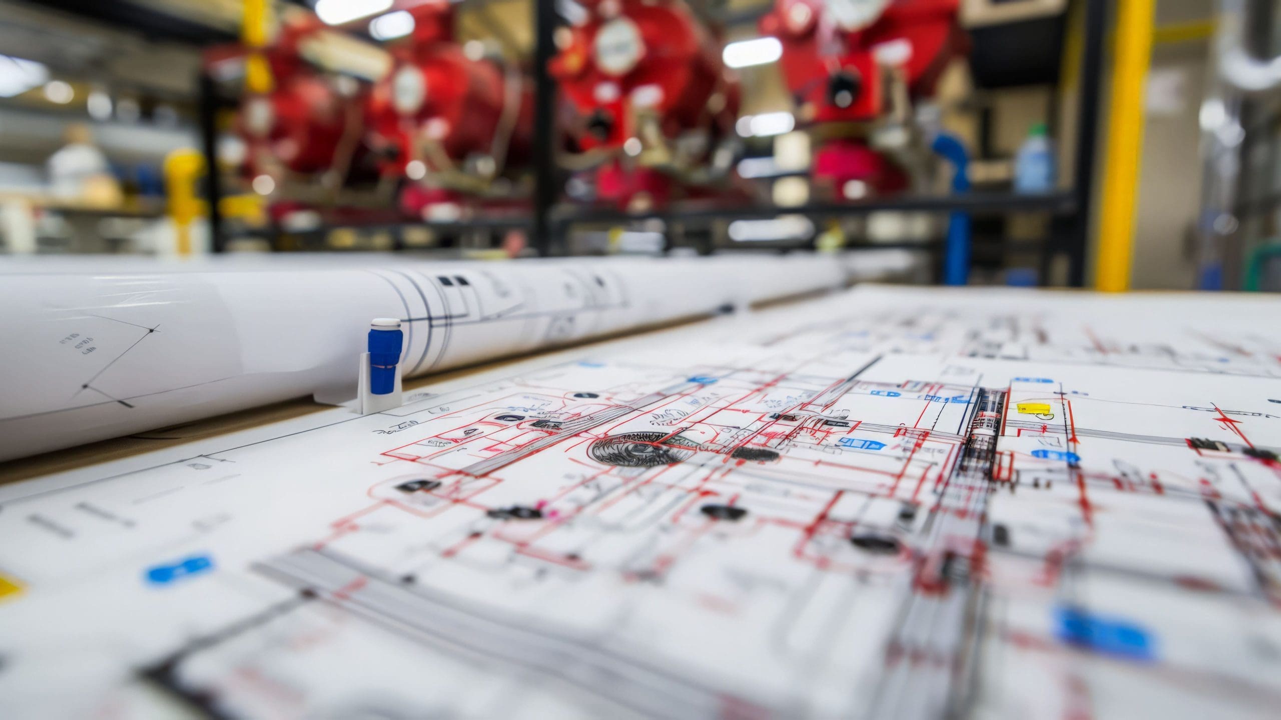 Blueprints with fire protection plans outline fire alarm locations, sprinkler systems