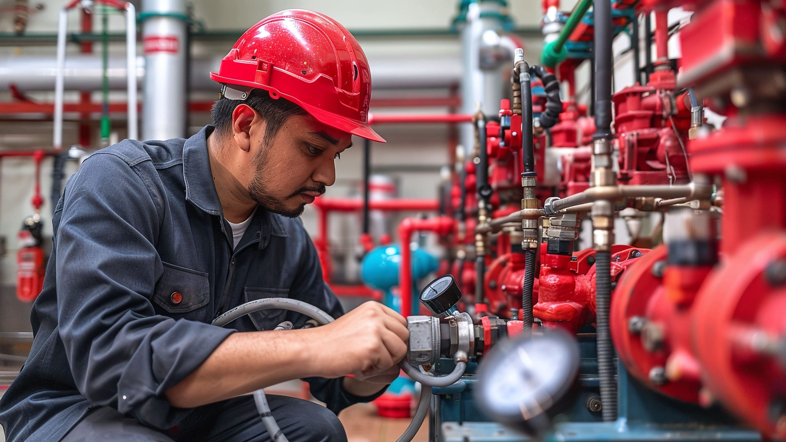 An engineer or technician is working checking the fire suppression system and fire fighting equipment. An engineer checks the red generator pump for sprinkler and fire alarm control lines.